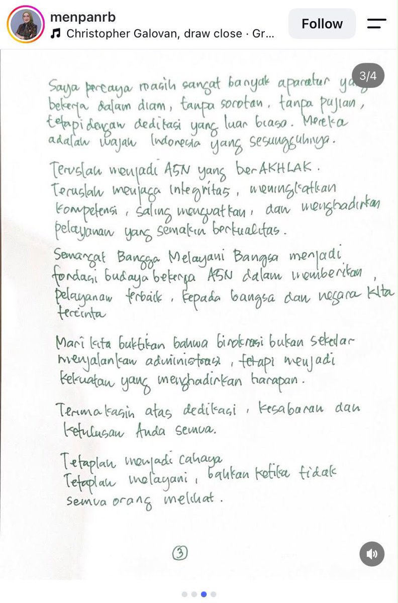 LambeSahamjja's tweet photo. surat dari menpanrb untuk ASN indonesia
- akui berat kerja asn: 
- hadapi ekspektasi tinggi, 
- harus tetap melayani meski capek atau ada masalah pribadi
- tegaskan kehadiran asn adalah amanah & ibadah, 
- meski tak selalu dapat tepuk tangan/jadi berita
- ajak jadikan tantangan sebagai motivasi, bukan alasan mundur 
- bangsa dibangun oleh yang tetap bertahan bekerja
- apresiasi asn yang bekerja diam-diam tanpa sorotan tapi dedikasinya luar biasa
- ajak terus jadi asn berakhlak, jaga integritas
- buktikan birokrasi bisa hadirkan harapan bagi masyarakat