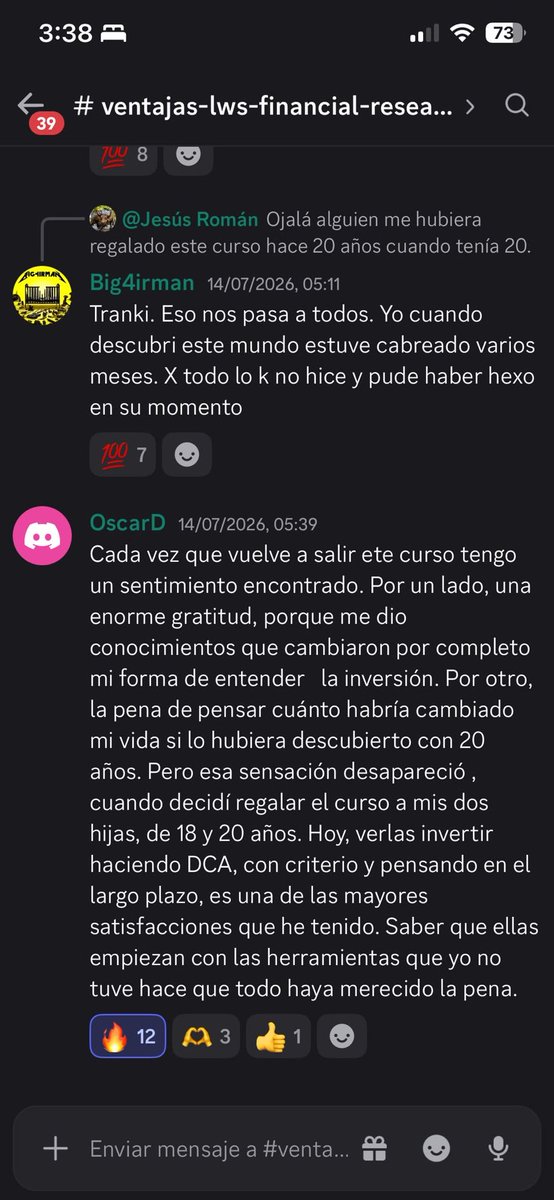 LocosWallStreet's tweet photo. Un alumno del curso ICC nos dejó esto en Discord: 

"La pena de pensar cuánto habría cambiado mi vida si lo hubiera descubierto con 20 años... desapareció al regalar el curso a mis dos hijas. Hoy verlas invertir con criterio es una de las mayores satisfacciones que he tenido."  Una imagen vale más que mil palabras. 

¿A qué esperas tú para empezar? @LuisFerQuintero @manuel_llamas @SorianoDomingo @ahidalgoa