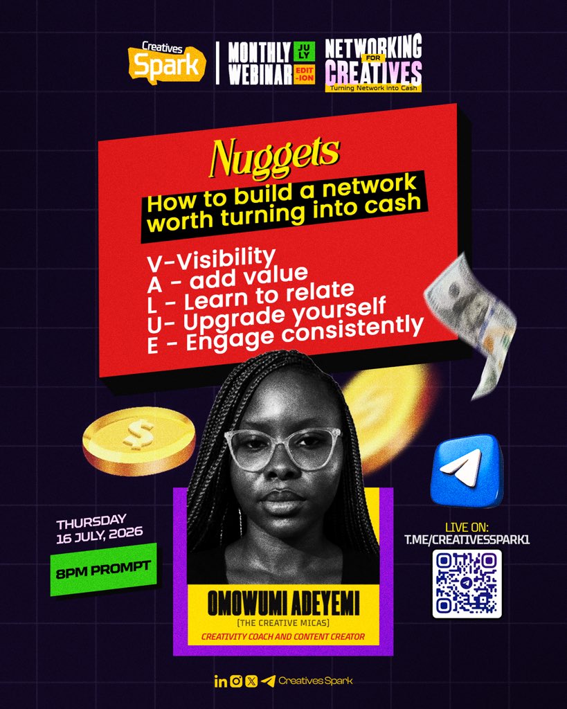 Creativessparks's tweet photo. Omowumi came in with her A-game and delivered top-notch knowledge on how to turn our network into cash as a creative.

The session was filled with joy and insightful ideas.

Here are some key takeaways from our July webinar session with Omowumi Adeyemi. https://t.co/o1m5mUh50M