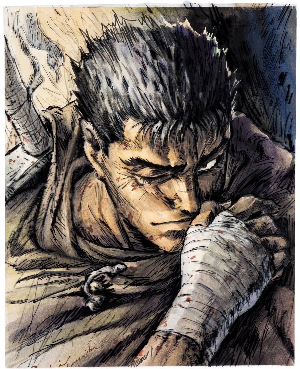 Adoomado's tweet photo. Berserk - Guts.
9.5" x 12" preliminary publicity harmony cel setup by Shichiro Kobayashi (OLM, c. 1997-98). https://t.co/0b6ClvL9ru