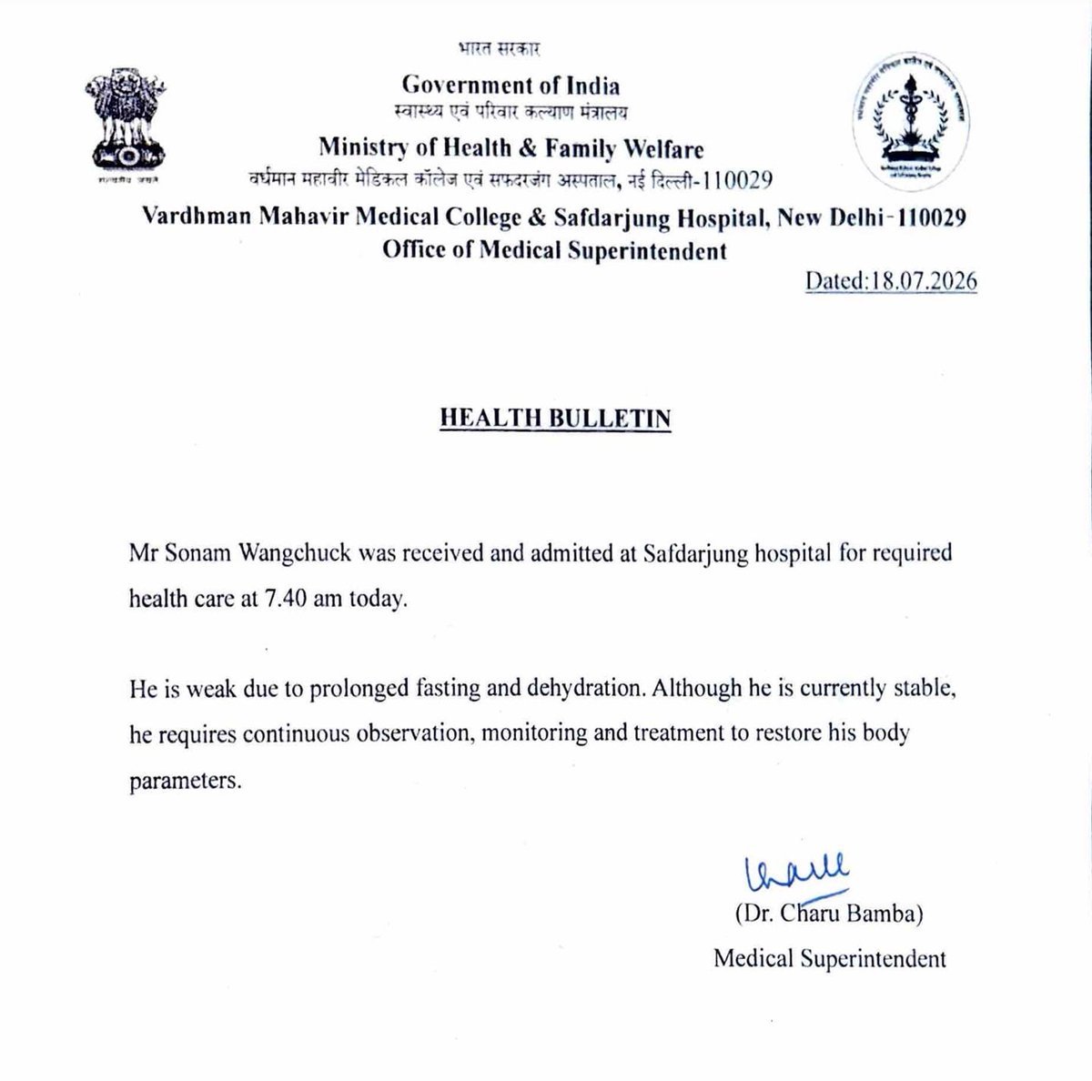 SumiSukanya's tweet photo. #Sonam Wangchuk remains under close medical observation after a prolonged fast. 

Doctors have found dehydration, low potassium and rising ketone levels;may pose a risk to kidney function and other metabolic complications: @SJHDELHI https://t.co/92i9B2P7H0