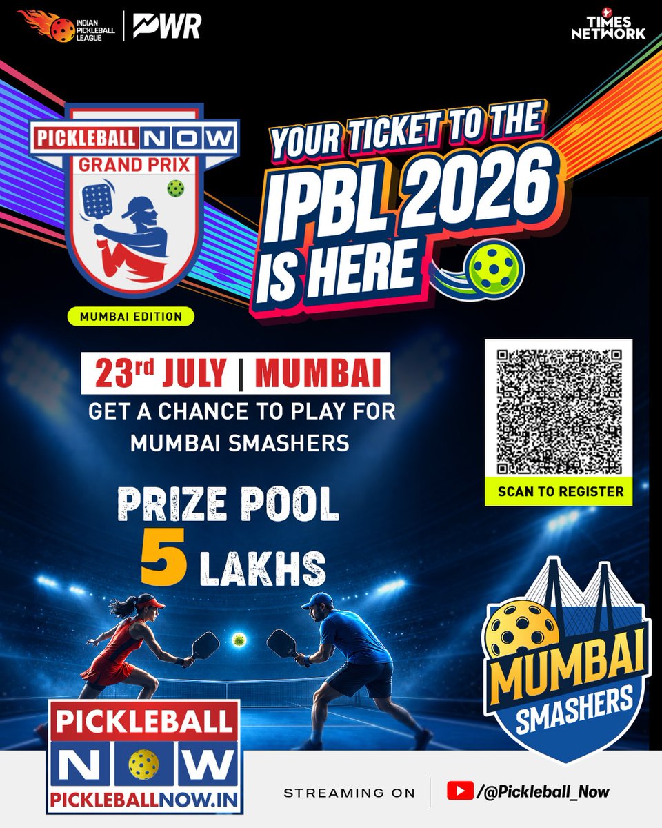 ZoomTV's tweet photo. 🚨MUMBAI, THIS IS YOUR SHOT!🚨

#RoadToIPBL starts here. 🔥

Compete at the Pickleball Now Grand Prix Mumbai Edition, battle against the best, and earn your chance to represent the Mumbai Smashers on the biggest stage in Indian pickleball!

🏆 Prize Pool: ₹5 Lakhs
📍 Mumbai
📅 23rd July

One tournament. One opportunity. One step closer to IPBL 2026.

The journey begins now. Are you ready to make your mark? 💥

[Pickleball Now Grand Prix | Mumbai Edition | IPBL 2026 | Mumbai Smashers | Pickleball India | Road To IPBL | Competitive Pickleball | Indian Pickleball League]

#PickleballIndia #pickleball