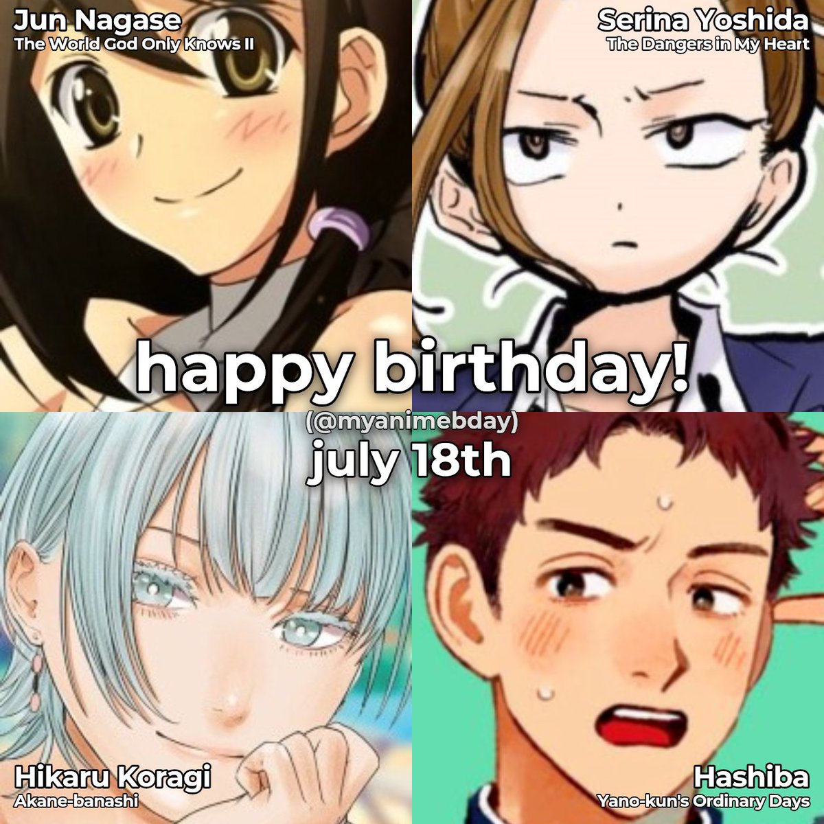 myanibday's tweet photo. 7/18 Happy Birthday!!
🎂 Yuuma Kuga (World Trigger)
🎂 Himari Kino (Whisper Me a Love Song)
🎂 Koga Oogami (Ensemble Stars!)
🎂 Shimakaze (KanColle)
#WorldTrigger #WhisperMeaLoveSong #EnsembleStars #HappyBirthday #AniBday https://t.co/mPBQIkyede