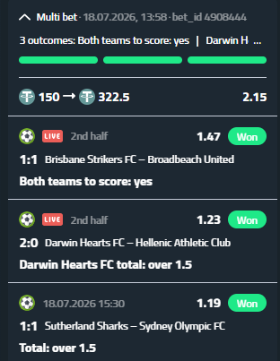 JSimIsHere's tweet photo. 🇦🇺3-fold parlay @ 53rd min:
Sutherland Sharks 1-1 Sydney Olympic
✅o1.5
Brisbane Strikers 1-1 Broadbeach Utd
✅BTTS
Darwin Hearts 2-0 Hellenic Athletic
✅Home TT o1.5
#BettingCommunity #FootballTips #BettingTips #FootballPredictions #MatchPredictions #SportsGambling #futbol https://t.co/JekvtTvhGJ