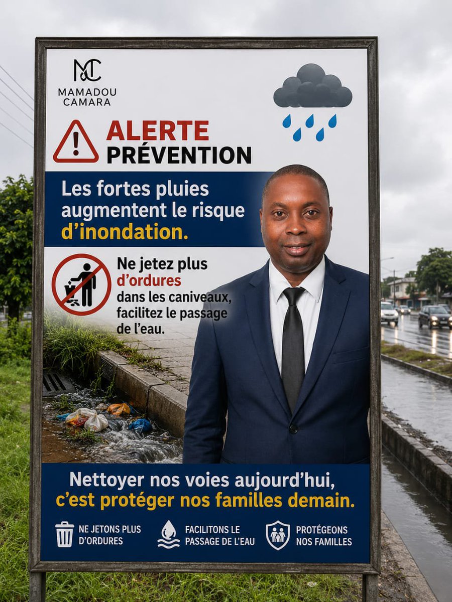 ndomamma's tweet photo. Alerte Prévention : 🌧️ Les fortes pluies augmentent le risque d'inondation. Ne jetez plus d'ordures dans les caniveaux, facilitez le passage de l'eau. Nettoyer nos voies aujourd'hui, c'est protéger nos familles https://t.co/oic7O7J0zg