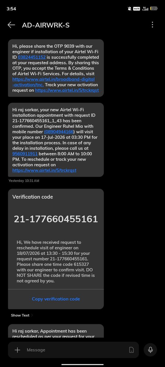 sarkar65898's tweet photo. @airtelindia @Airtel_Presence I requested broadband shifting from Agartala to Kailashahar yesterday due to an official requirement. Your team kept delaying the process and is now asking me to cancel the shifting request. And share the OTP. https://t.co/0D9WaT5H6e