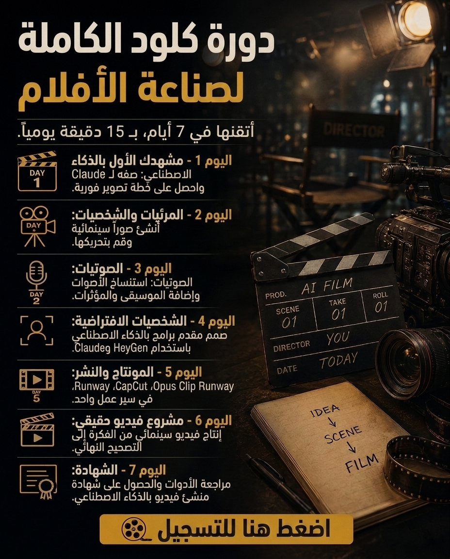 jobescape_ai's tweet photo. **أتقن صناعة الأفلام باستخدام Claude**

أتقن استخدام Claude لكتابة السيناريوهات، وإنشاء مشاهد سينمائية، وتصميم مقدّمي محتوى بالذكاء الاصطناعي، وتحرير الفيديوهات، وبناء سير عمل متكامل لصناعة الأفلام — دون الحاجة إلى كاميرات أو ممثلين أو برمجة.
