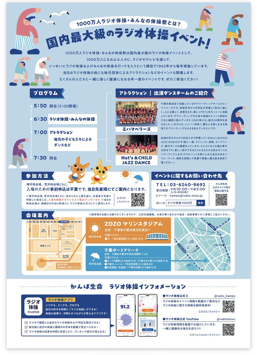 kamiya_shunichi's tweet photo. 【千葉開府900年記念『第65回1000万人ラジオ体操・みんなの体操祭』」を8/2にZOZOマリンで開催します。参加費無料で事前申込不要です】

『第65回1000万人ラジオ体操・みんなの体操祭』」が、8月2日（日）にZOZOマリンスタジアムで開催されます。開場朝5時、開会5時半、体操開始（NHK総合テレビ・ラジオ第1で全国生放送。NHK国際放送で海外配信も）は6時半と朝かなり早いのですが、会場案内にある駐輪場、駐車場などご利用ください。またJR京葉線蘇我方面からの始発電車の海浜幕張駅到着は、5:02です。※ 荒天時は千葉ポートアリーナ（中央区問屋町1―20）に会場変更しますが、その場合は、当日午前4時頃に運営事務局のラジオ体操公式Xや市ホームページでお知らせします。

千葉市での開催は、1996年の千葉マリンスタジアムでの開催以来、30年ぶりとなります。千葉開府900年という大きな節目の年に、千葉市で再び開催できることを大変うれしく思っています。

「1000万人ラジオ体操・みんなの体操祭」は昭和37年に始まり、長年にわたり全国各地で開催されてきた、国内最大のラジオ体操イベントです。昨年７月には、千葉公園芝庭で開催した「夏期巡回ラジオ体操・みんなの体操会」に約2000人の市民の皆さまにご参加いただきましたが、千葉市では地域の公園などを中心に100を超えるラジオ体操グループが活動しており、多くの皆さまに親しまれ、ラジオ体操で健康づくりや地域のつながりが広がるまちになっています。

世界に誇る健康体操であるラジオ体操を通じて、市民の皆さまの健康づくりと交流を深めるとともに、千葉市の魅力と活気を全国にお伝えする機会にしたいと考えています。

また、当日は体操指導者の岡本美佳さん、ピアノ演奏の細貝柊さんをお迎えするほか、地元ダンスチームによるアトラクションも予定されています。ラジオ体操だけでなく、世代を超えて楽しめる催しとなっています。

参加は無料で、事前申し込みは不要です。ご参加いただいた方には、千葉市による独自記念品として、シリアルナンバー入りの記念ポストカードや「青のオーケストラ」特別ステッカーなどをご用意しております。中学生以下の皆さんには菓子詰め合わせも。

30年ぶりに千葉市で開催される全国規模のラジオ体操イベント。一人でも多くの市民の皆さまにご参加いただき、健康で健やかな夏の朝をともに過ごしながら、千葉開府900年を盛り上げ、豊かな地域社会を創ってまいりましょう。
https://t.co/WsPN4CLS2K
#千葉市
#1000万人ラジオ体操・みんなの体操祭
#ZOZOマリンスタジアム
#千葉開府900年