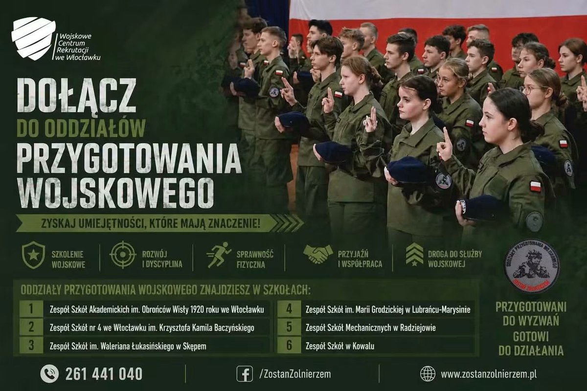 WCRWloclawek's tweet photo. 🎖️🇵🇱 ÓSMOKLASISTO – Twoja przyszłość zaczyna się właśnie teraz! 🇵🇱🎖️
Skończyłeś szkołę podstawową i szukasz kierunku, który połączy naukę z pasją, dyscypliną i rozwojem? 💪📚
👉 Wybierz Oddział Przygotowania Wojskowego (OPW)!
#OPW #WCRWłocławek https://t.co/OpR7Ep4y9s