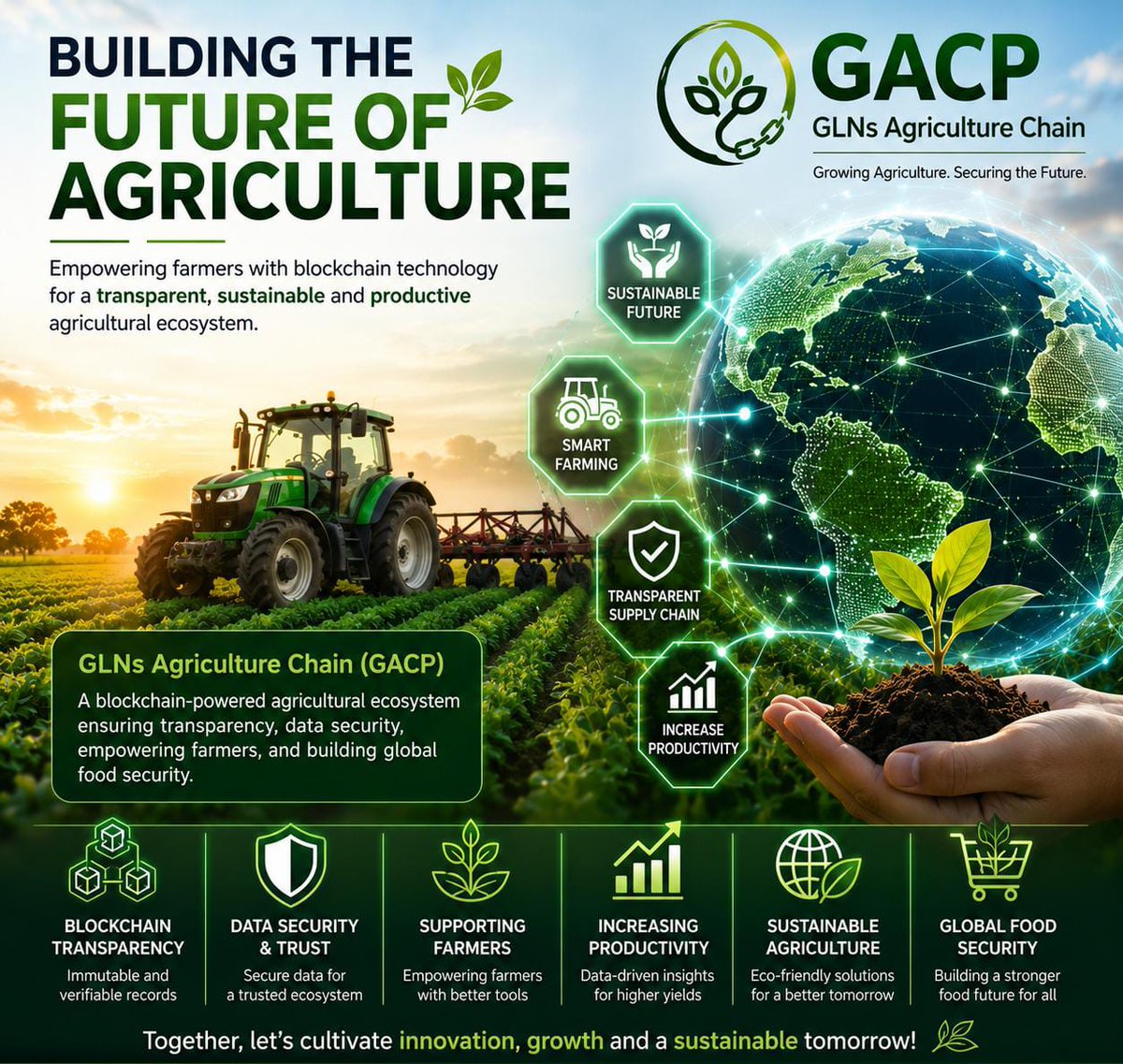 AgriTraderX's tweet photo. 🌍 Agriculture is changing fast. Are you ready?

Climate change, food security, and smart farming are shaping the future. 🌱 GACP is building a transparent, blockchain-powered agriculture ecosystem for tomorrow.

Growing Agriculture. Securing the Future.

#GACP #sidrachain #sda https://t.co/pobCm1MKgo