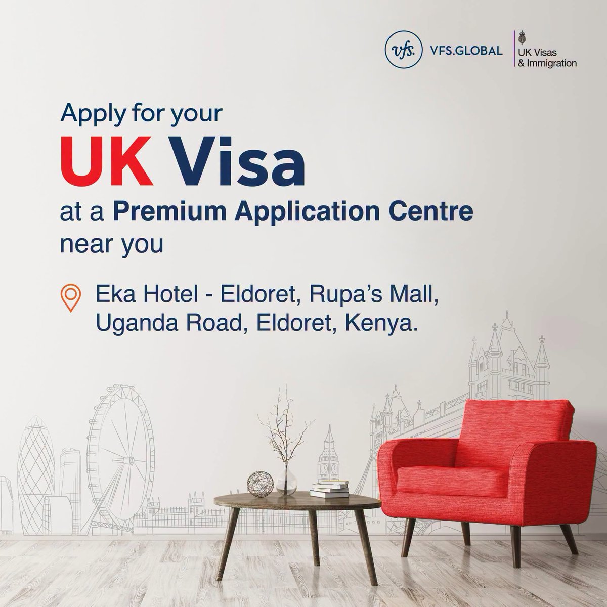 VFSGlobal's tweet photo. Residents of Eldoret, Kenya, can now enjoy a smooth UK visa process from the comfort of our Premium Application Centre at Eka Hotel.

Address: Eka Hotel - Eldoret, Rupa’s Mall, Uganda Road, Eldoret, Kenya.

For more information, please visit: https://t.co/SvvLCMdBA9 https://t.co/JYBq7HmmEq