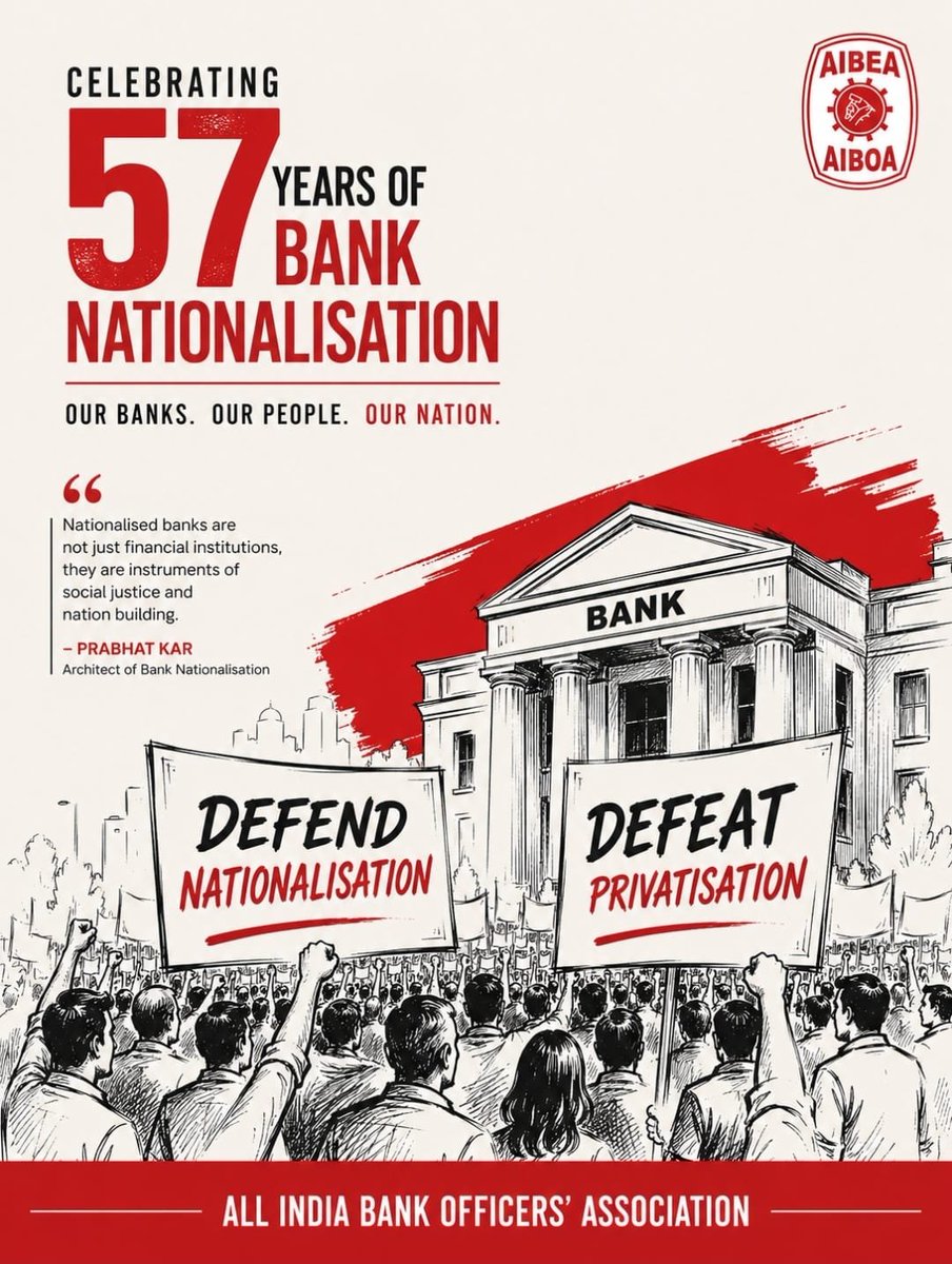 AIBOAOFFICIAL's tweet photo. 57 Years of Bank Nationalisation 🇮🇳
Let us continue to Defend Nationalisation and Defeat Privatisation to protect Public Sector Banking in the interest of the people and the nation.
#PublicSectorBanks #DefendNationalisation #DefeatPrivatisation https://t.co/P5XZLYS3H5