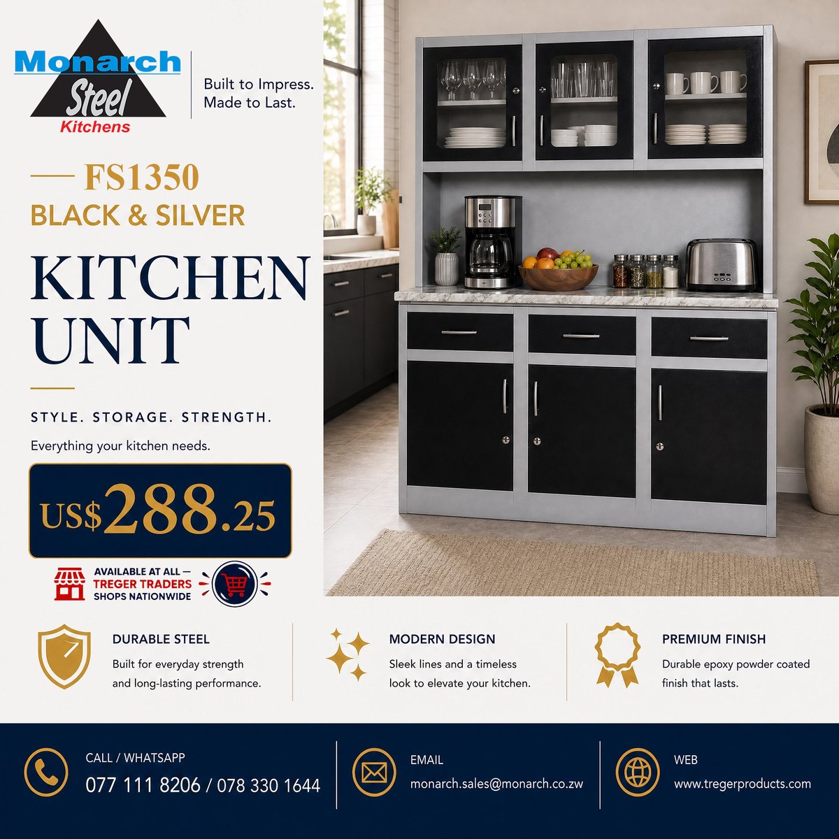 treger_products's tweet photo. Transform your kitchen with the Monarch Steel FS1350 Black & Silver Kitchen Unit.
β¨ Modern design
π‘οΈ Durable steel construction
π Stylish & spacious storage
π 077 111 8206 / 078 330 1644
#MonarchSteel #KitchenUnit #TregerTraders #MadeInZimbabwe https://t.co/7pphCmP3OP