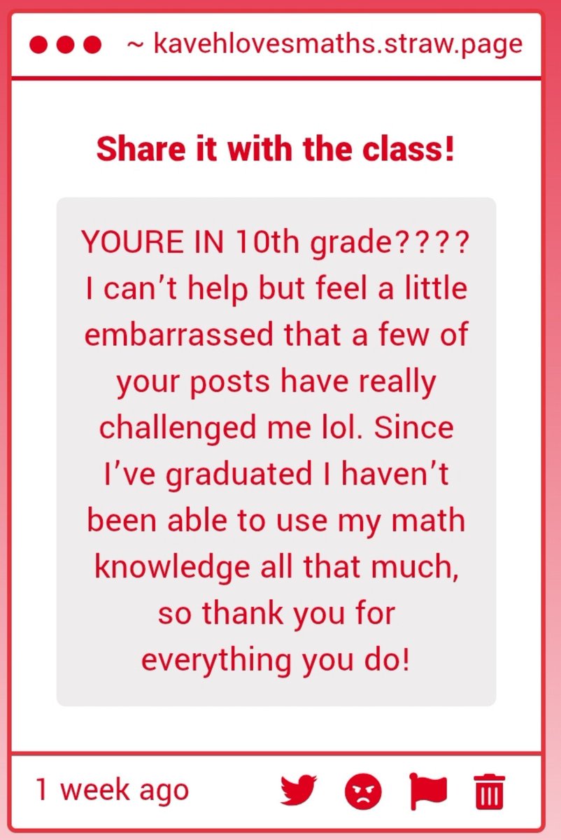 KavehEOTD's tweet photo. 1. Just finished 10th grade! After summer break I'll be an 11th grader :)
And I get it, some of my content is really challenging haha!! I sometimes post things I've struggled with myself ^.^
2. My strawpage is a bit misleading, I have a casio fx cg50, sorry anon!! I chose the — https://t.co/kXE2acA6c5