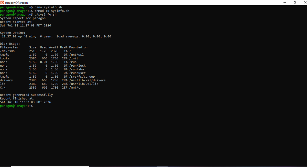 BankoleHaz97535's tweet photo. Wrote my first real Bash script today, a mini system report tool that pulls username, uptime, and disk usage automatically with one command.
Small script, but it's the same pattern real DevOps engineers use daily to check server health.
#DevOps #Linux #BashScripting https://t.co/fSWhqqcngb