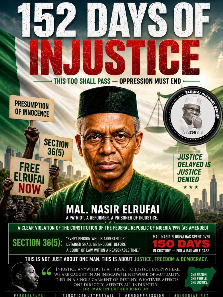 uchediala's tweet photo. #DaysCount 

152 DAYS.
152 DAYS ..
152 DAYS ...
152 DAYS ....

And Still Counting ...

#IStandWithElrufai
#NoRetreatNoSurrender 
#EyesOnTheBall 
#TheElrufaists 
#ESG https://t.co/5keBPM4oKv