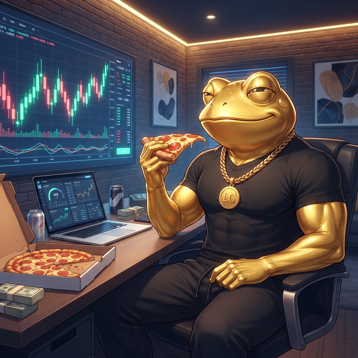 LordGoldhand's tweet photo. Fueling up on pizza while the $LGH chart prints endless green on #Solana. 🍕🐸📈

#LGH #Solana #MemeCoin #LordGoldhand https://t.co/enVYSkzVGH
