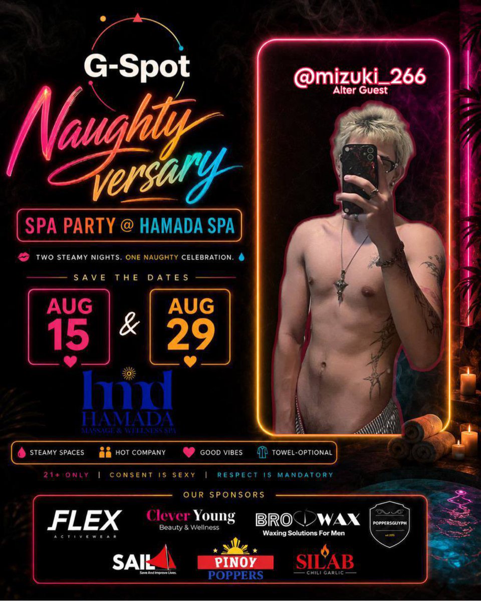 GrinderPH_grp's tweet photo. Get ready for 2-Part NaughtyVersary event this coming August 15 & 29 as @GrinderPH_grp celebrate its 1st anniversary. 🔥

@mizuki_266 will be there as one of the Alter Guests, so if you’ve been wanting to meet him or just want to have a fun night with good people, this is your sign. 😉

For inquiries send a message to @jamezamezz | @rhy_mc | @oshverss

Sponsored by: @Pinoy_Poppers • @PoppersGuyPH
Flex • @browaxWaxingph • Clever Young • @HMDWellnesspa • Silab

Access the events hub: https://t.co/aIQIo1RiBN…

Tara? See you at Hamada Spa! 💦❤️