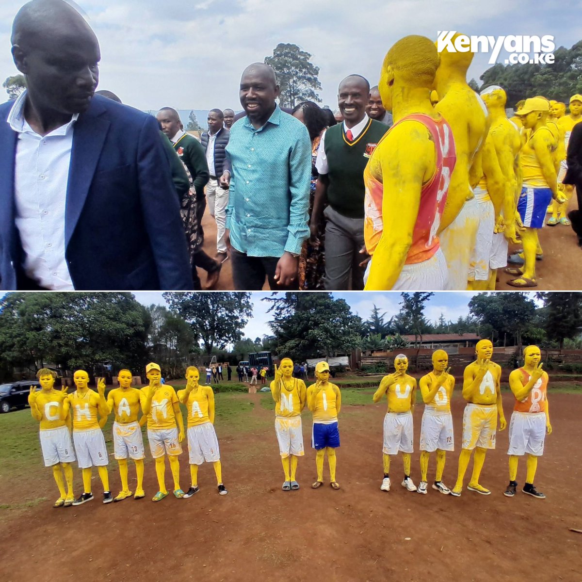 Kenyans's tweet photo. CS Murkomen inspects a guard of honour of students covered in yellow paint with "Chama ni UDA" painted on their bodies during a prize-giving ceremony at Tenwek High School https://t.co/Elu7B3rKS6
