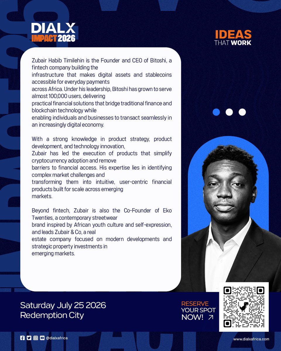 dialxafrica's tweet photo. We're excited to announce another incredible speaker for Dial X Impact!

Meet Zubair Habib Timilehin, Founder & CEO of Bitoshi, entrepreneur, product strategist, and innovator building practical solutions at the intersection of finance and technology.

From driving cryptocurrency adoption across Africa to building businesses that create real value, his journey is a testament to the power of ideas that work.

Get your tickets now and be part of the conversation.

#DialX #DialXImpact #IdeasThatWork #Innovation #Entrepreneurship #Leadership