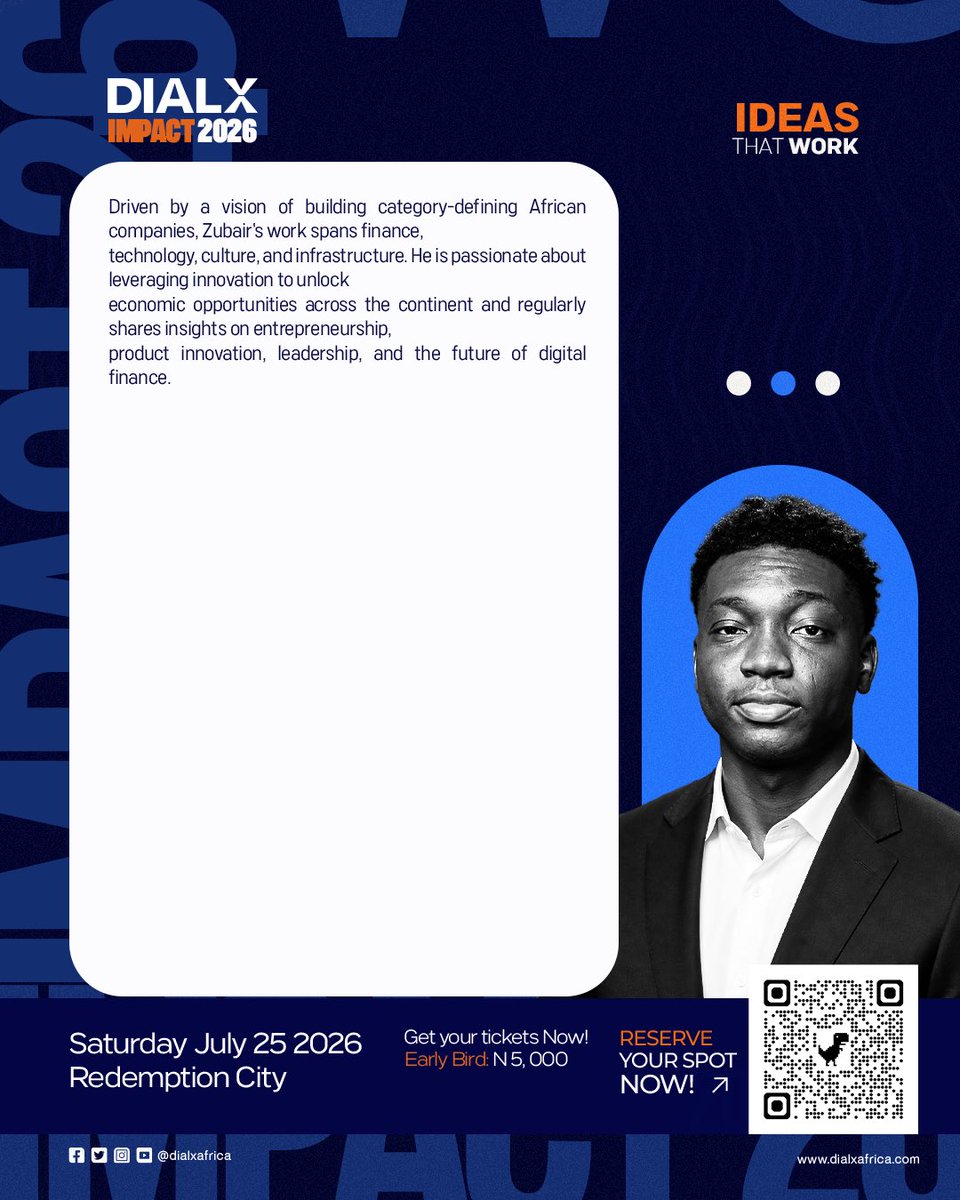 dialxafrica's tweet photo. We're excited to announce another incredible speaker for Dial X Impact!

Meet Zubair Habib Timilehin, Founder & CEO of Bitoshi, entrepreneur, product strategist, and innovator building practical solutions at the intersection of finance and technology.

From driving cryptocurrency adoption across Africa to building businesses that create real value, his journey is a testament to the power of ideas that work.

Get your tickets now and be part of the conversation.

#DialX #DialXImpact #IdeasThatWork #Innovation #Entrepreneurship #Leadership