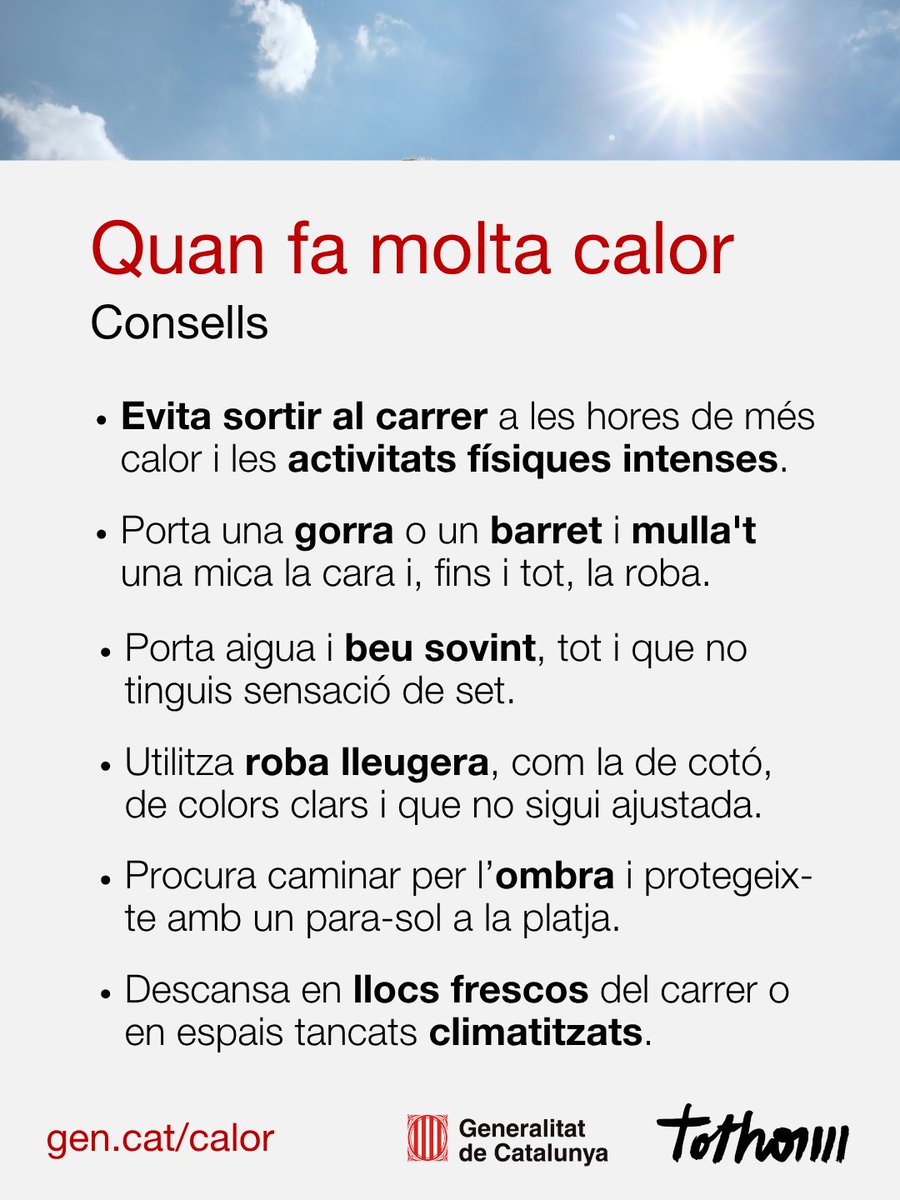 112's tweet photo. 🌡️ Amb calor intensa, protegeix-te i tingues cura dels col·lectius més vulnerables, com infants, gent gran o persones amb problemes respiratoris.

📲 I en cas d'emergència, truca al 112.

🔎 Més consells d'autoprotecció a:
https://t.co/JTo09W5axk https://t.co/AmVBPahtmh