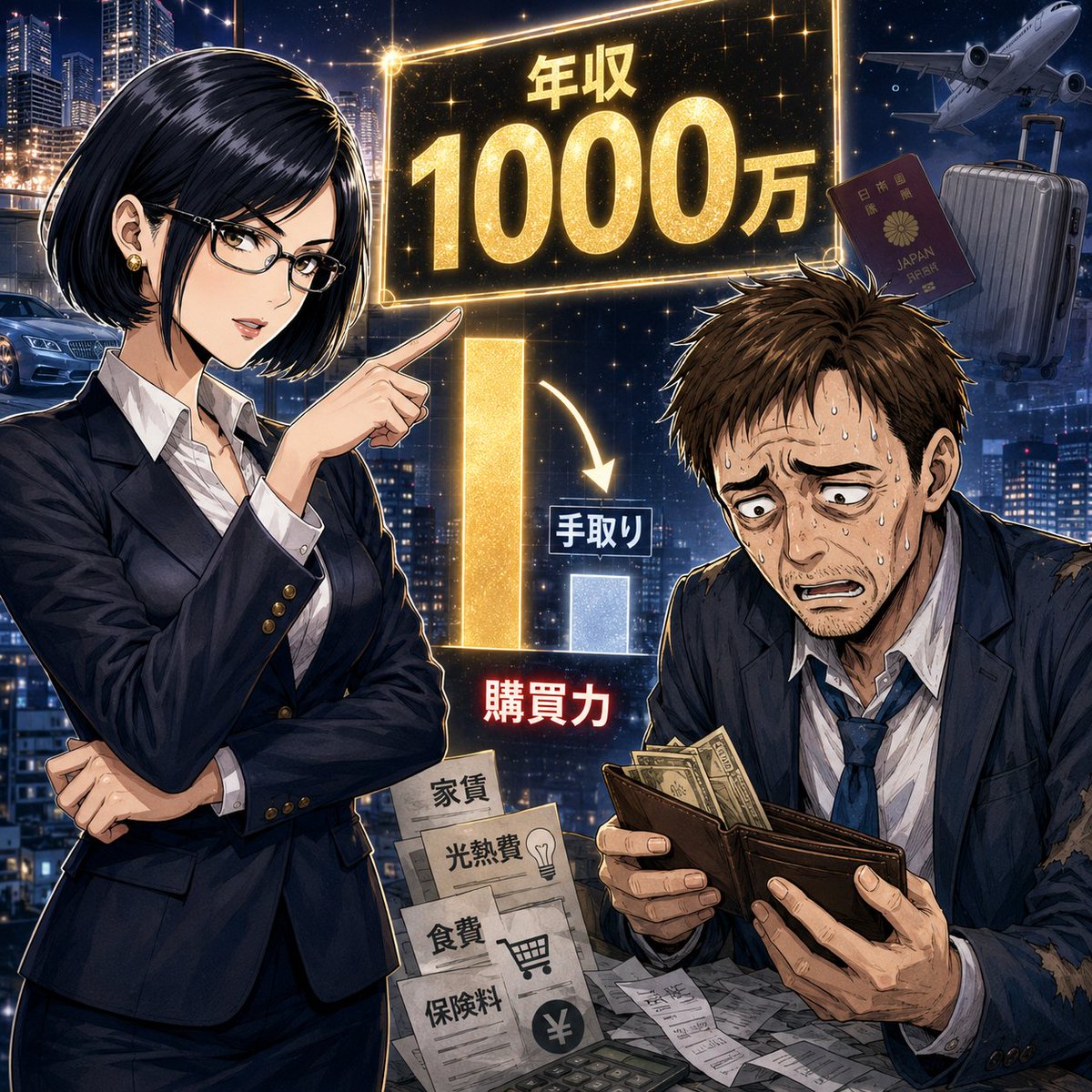 ex_trader's tweet photo. 田中「年収1000万円って聞こえはいいのに、手元に残るお金は全然強くないよ。これじゃ海外旅行どころか、ちっとも余裕がある気がしないな。」
レイコ様「額面の大きさだけで豊かさを判断していたから落差に怯えるのよ。大事なのは名目年収ではなく、手元に残る額とそのお金で何が買えるか。肩書きに安心して、実力のない家計を放置するのは滑稽だわ。」