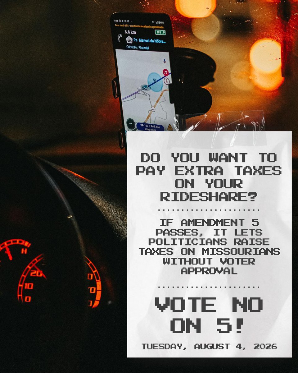 MoDemParty's tweet photo. DAY 39 OF 55: If Amendment 5 passes, Missouri politicians will be able to raise or add taxes on every good or service in your life. You're not getting a tax cut — you're getting taxed to death through a thousand tiny paper cuts.

Vote NO on Amendment 5 on Tuesday, August 4th. https://t.co/TB4fLqBcDj