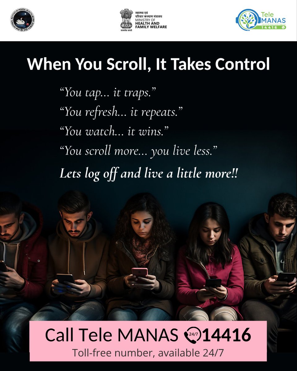 TeleMANAS_Apex's tweet photo. We've all been there-telling ourselves "just five more minutes" before losing an hour to the endless feed. The digital world is designed to pull us in, and it's entirely okay to admit when it feels like it's taking over.
This message really hits home: "You scroll more... you live less." It's incredibly easy to feel isolated and drained, even when we are constantly "connected" to our screens. If you are feeling overwhelmed or just stuck in the digital loop, please know you aren't alone, and it is perfectly okay to ask for help breaking the cycle.
Let's take a gentle step back today. Try putting the phone down for just a few moments, take a deep breath, and look at the real, beautiful world around you.
If the weight of everything feels like too much, or you just need a safe space to talk, there is always someone ready to listen. You can reach out to Tele MANAS at 14416 anytime, day or night. It's completely free and confidential.
Let's log off and live a little more today.

#DigitalDetox #MindfulLiving #MentalHealthMatters #SocialMediaAddiction #TeleMANAS 

[Digital Detox, Social Media Addiction, Mental Health Awareness, Mindful Living, Screen Time Management, Tele MANAS, Healthy Habits, Well-being]