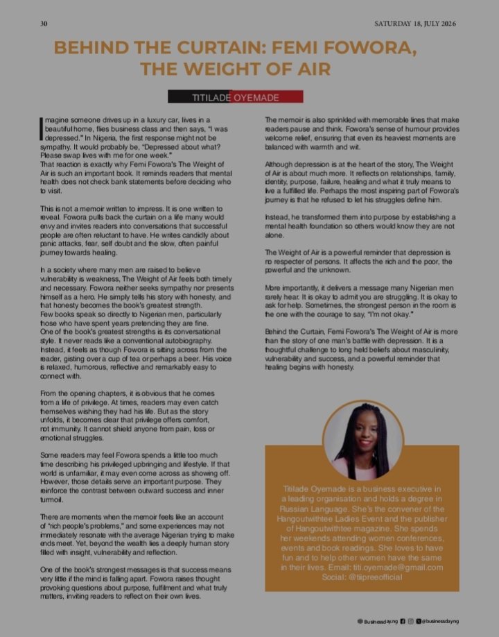 tiiPREE's tweet photo. Title: Behind the Curtain: Femi Fowora, The Weight of Air
Year of Publication: 2025
Number of Pages: 143
Category: Self Help
Go here to read the review:
https://t.co/QtPqh7YKWf https://t.co/pX3WubBxtE
