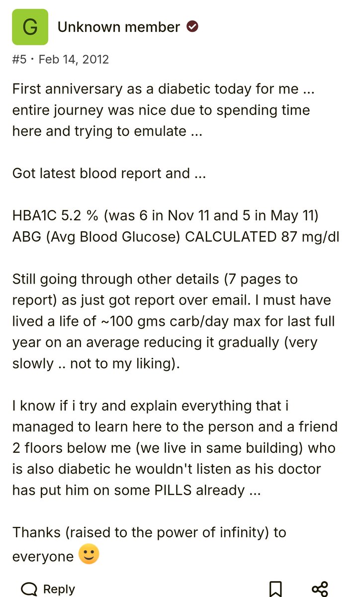 dlifein's tweet photo. QT 1/n.
Read the QTd tweet also.

Every Indian should be proud of the  fact that 100g Carbs/day Max model was created by an Indian. It is now being quoted/Used/Followed across the board. 

Good to see Dr Ken Berry also talk of 100 gm carbs/day, now.

There was NO ONE else when I talked about 100g Carbs/Day MAX as the LCHF template that made Low Carb & Diebetes Reversal possible for even vegetarians.

Here's ChatGPT response.

Brand dLife was built on the same scientific premise. 

But few UNCERTIFIED and pea-brained Carnivores in India, who no one knows in the world, hallucinate about competing with dLife on zoom from their garage and drawing rooms.

My post from diabetesforum[dot]com from Feb 2012 -- screenshot below.

Bottom Line: Even my maid is an Uncertified (Self Taught?) carnivore coach as she also says there's nothing to coach on meat and eggs. Just eat them and cover all messed up reports as -- Physiological. 

So yes, Feb 2012 my A1C was 5.2 while the Desi carnivores were still in their in their medical school hostel cramming up textbooks and flowcharts. 

Desi Carnivores also have a problem understanding MAX after 100g. 

Dimwits should know that the distinction - Indian Low Carb is not the Western Keto- was also made long ago in 2012 by me. 

Western Keto and Carnivore both were aped by a few Indians, and both have failed in India since 2011, when none of these eggs & meat (not even chicken "as it has omega 6") experts were even born on SM. 

Have a fabulous weekend 😎
Cheers!