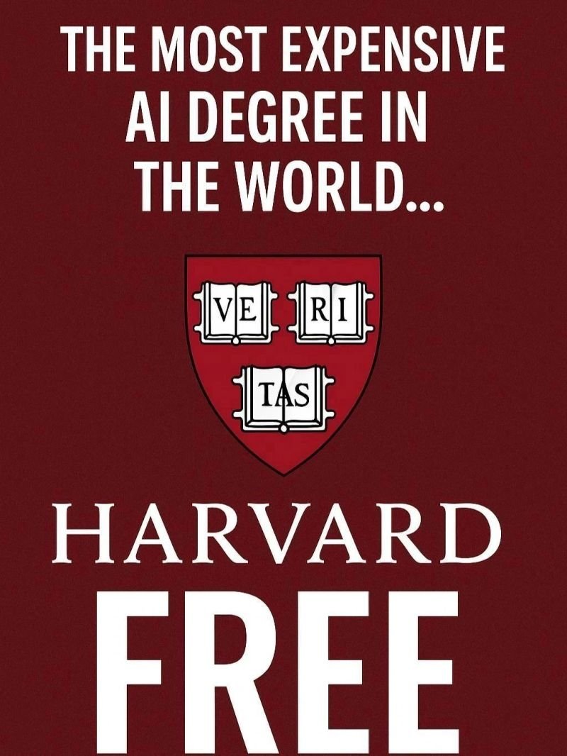 JayBisen473370's tweet photo. 🚨 Harvard just made its AI course free.

No tuition.
No application.
Just world-class AI education.

Harvard University just released 6 high-quality lectures on AI + Prompt Engineering— and anyone can access them.

If you're serious about AI in 2026, start here:

🎓 Harvard University LECTURES

1. Introduction to Generative AI
A step-by-step guide to how GenAI actually works.
Link: https://t.co/KvRFUSHAUM

2. Prompt Engineering
Real tips for improving output quality from any LLM.
Link: https://t.co/yPyl78h6mh

3. Beyond Chatbots: System Prompts, RAG
Move past surface use cases into scalable applications.
Link: https://t.co/av1VC8sw6q 

4. Generative AI in Teaching & Learning
How educators can adapt and lead with AI.
Playlist: https://t.co/hj53aOurDL

5. Teaching with AI in the Classroom
Frameworks for trainers and educators.
Link: https://t.co/swesiOQeHJ

6. The Basics of Generative AI
No jargon. Just clarity.
Link: https://t.co/dvue3TwjfH

BONUS 

🟩 CS50x 2025 – Artificial Intelligence Lecture
LLMs, neural nets, and real-world use cases
Link: https://t.co/NeVwcbT5TX

🟩 CS50 Extension – AI / Prompt Engineering
Design prompts that think with you
Link: https://t.co/30h7lWYCYe

🟩 GPT-4: How it works + how to build with it
Behind the curtain on GPT-4
Video: https://t.co/IolEp3KSTB

🟩 LLMs and the End of Programming
Why prompting is the new coding
Video: https://t.co/RleJNw3U4y
---

💡 REALITY CHECK

✅ Harvard-level AI knowledge is now free
✅ Prompting = career acceleration
✅ 2 lectures can put you ahead of 90% of professionals
✅ The future belongs to people who can “talk to machines” strategically

Don’t just consume AI. Learn how to control it.

👇 Which lecture are you starting with?

♻️ Repost to help others learn AI

🔖 Save this (you’ll need it later)

🔔 Follow @JayBisen473370 for more AI insights