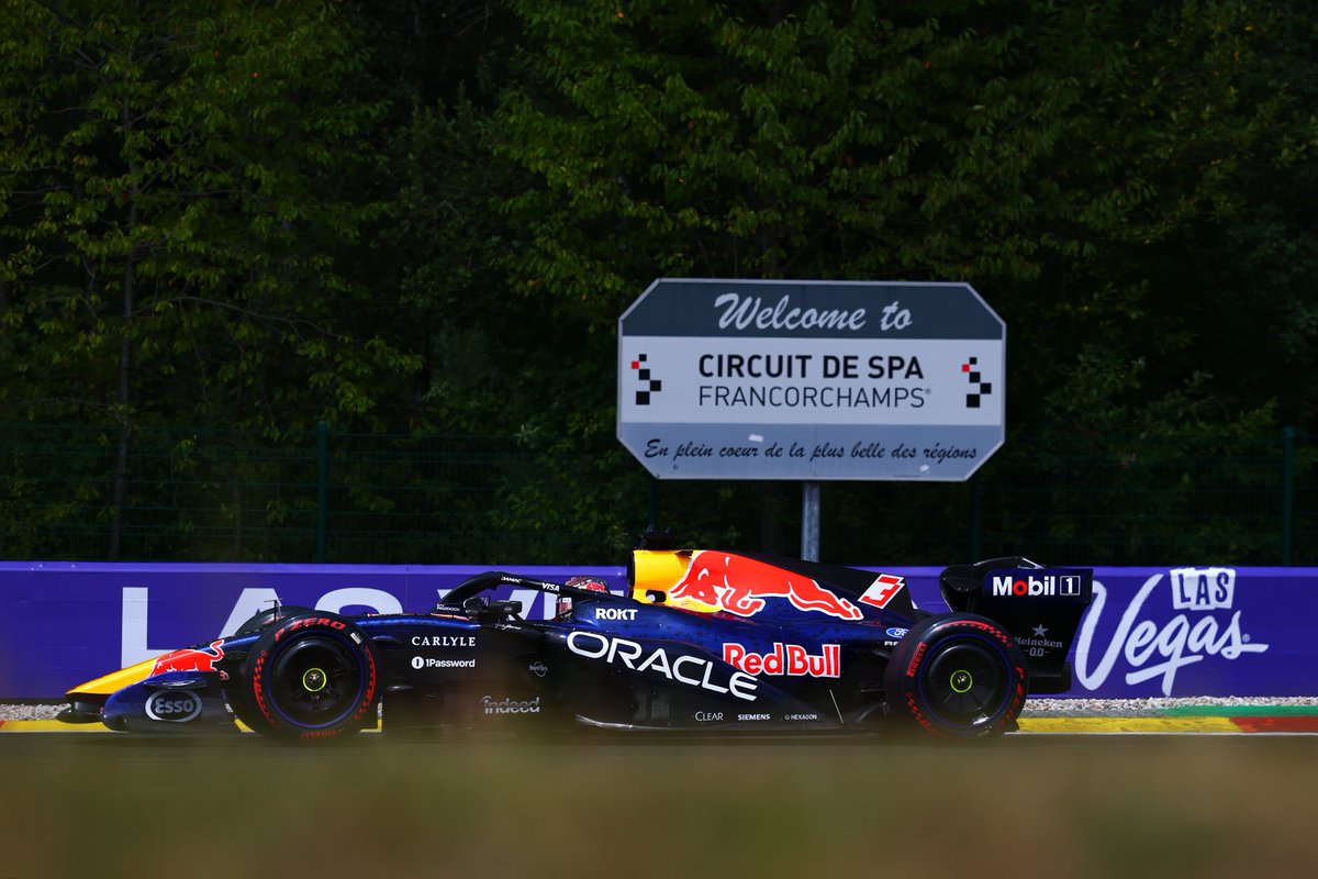 redbullracing's tweet photo. Making ourselves at home in the Ardennes 🌳

Max and Isack occupy P3 and P5 with just under 17 minutes to go in FP3 ⏰

#F1 || #BelgianGP 🇧🇪 https://t.co/GQnynahL8O