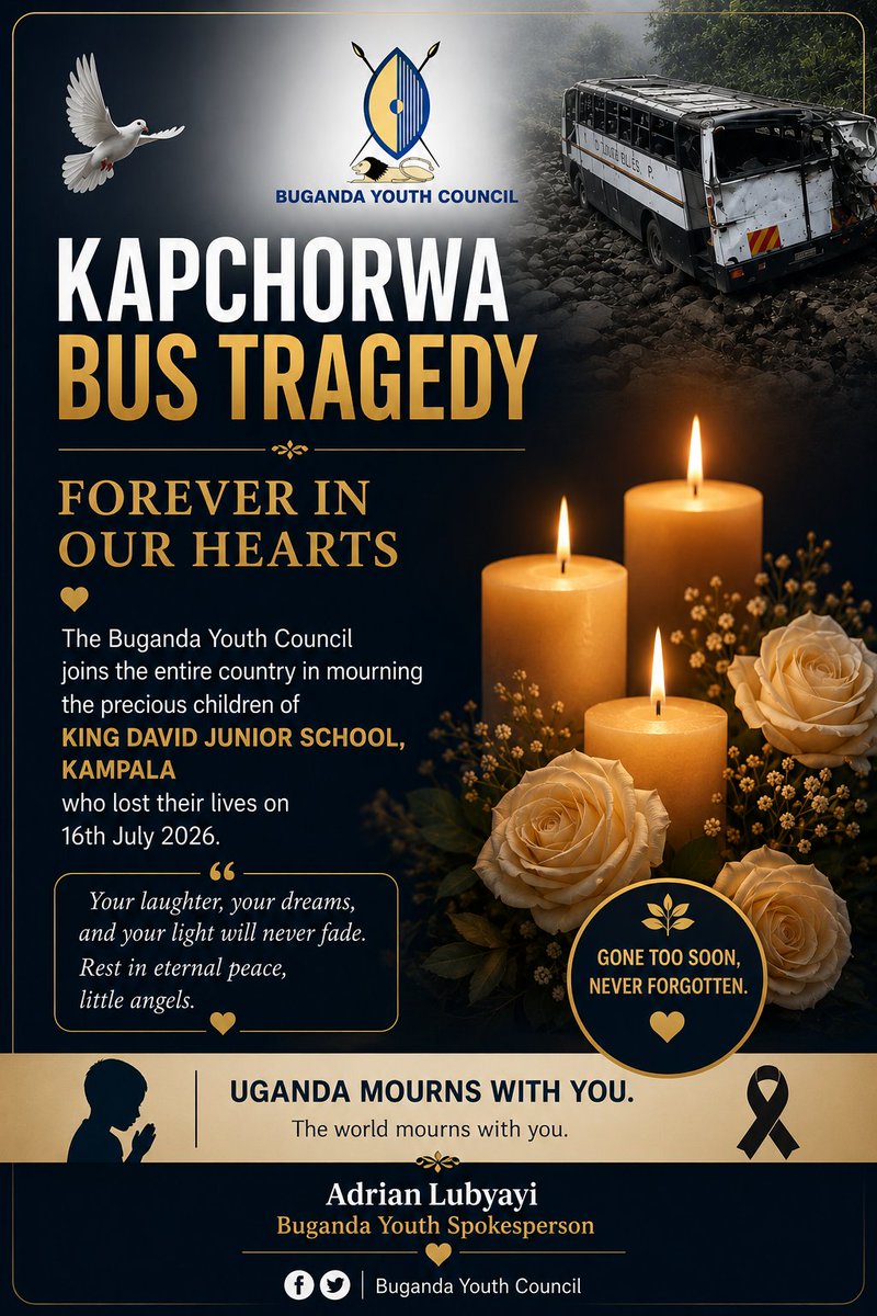 BugandaYouthC's tweet photo. The Buganda Youth Council, under the stewardship of Counsel Derrick Kavuma, joins the nation in mourning the precious children of King David Junior Sch who died in the Kapchorwa bus tragedy. Our hearts are with the bereaved families during this unimaginable loss. Eternal rest🙏 https://t.co/OPjieIr3ih