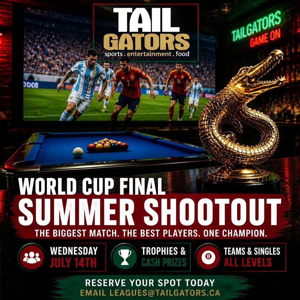 tail_gators's tweet photo. FROM THE WORLD CUP TO THE WINNER’S CUP! 🏆| Catch Argentina vs Spain on our 22ft HDTV this Sunday! | Prep for the Summer Shootout (Aug 6-9) with $8.50 all-you-can-play pool daily noon-6pm. | Email leagues@tailgators.ca to register! 🎱 #TailGators #WorldCup #Ottawa https://t.co/X6kUxZQWSu