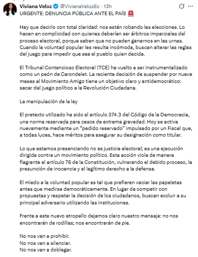 EcEnDirecto's tweet photo. #ATENCIÓN 
"Hay que decirlo con total claridad: nos están robando las elecciones", enfatizó la asambleísta @VivianaVelozEc, tras la suspensión, por nueve meses, del movimiento AMIGO por parte del @TCE_Ecuador.
"El Tribunal Contencioso Electoral ha vuelto a ser instrumentalizado como un peón de Carondelet. La reciente decisión de suspender por nueve meses al Movimiento Amigo tiene un objetivo claro y antidemocrático: sacar del juego político a la Revolución Ciudadana (...) El miedo a la voluntad popular es tal que prefieren vaciar las papeletas antes que medirse democráticamente", señaló.