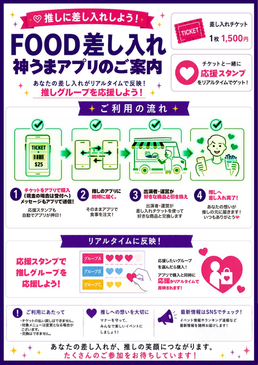 kamiumafes's tweet photo. 【#満員計画2026 差し入れイベント開催決定🎁】

会場内キッチンカーの商品を、
推しグループへ“差し入れ”できる
神うまフェスの企画を実施✨

差入れ1件毎に
「応援印」を1枚を応援ボードに反映！

あなたの応援が“見える”化！

差入れで推しを応援してください✨

#満員計画2026
#推し活 https://t.co/SD65a08T76