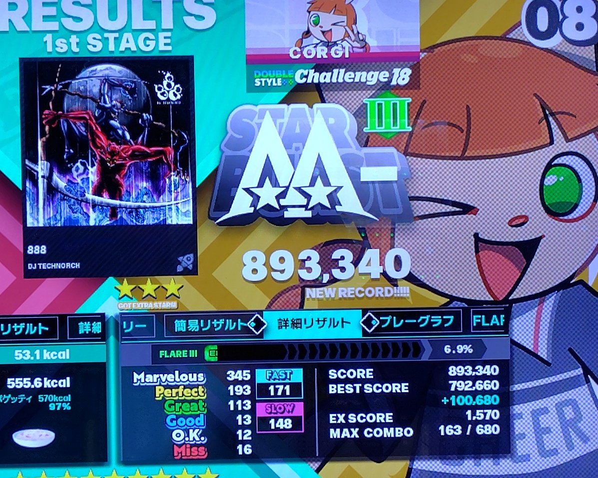 orthleft2's tweet photo. 【🟧バー持ちDP】
#DDR888祭
#楽しいDDR杯66

CDP 893k&amp;フレアIII！
888なので8回プレイ…は無理だった、2回目の前半で力尽きたw

A3ぶりの久々プレイ、道中結構上手だった！
加速後の三連符→地団駄が追いつけなかったからそこ対策して900k狙いたい(っ`･ω･´c) https://t.co/aZYQmJzM3e