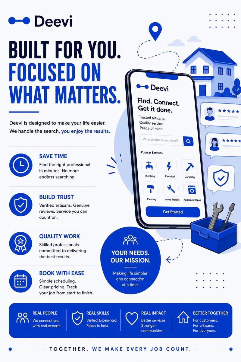 its_deevi's tweet photo. Finding the right artisan shouldn't feel like a second job.

At Deevi, we're making it easier to:
✔️ Find trusted professionals
✔️ Connect with confidence
✔️ Get the job done

Simple. Reliable. Built for you.

#Deevi #Startup #Nigeria #HomeServices https://t.co/olfoMwxjmh