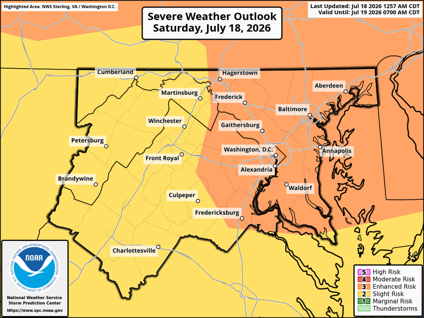 NWS_BaltWash's tweet photo. Severe thunderstorms are possible today, especially between 2 and 8 PM this afternoon and evening. Damaging wind gusts, large hail, and even a tornado are possible. Have a plan to receive warnings and take action immediately if warnings are issued. https://t.co/wpjieJWgoe