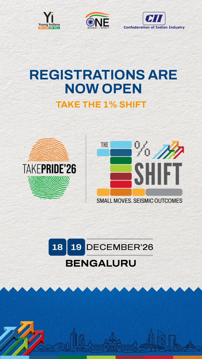 YiTweets's tweet photo. Small moves. Seismic outcomes. Zero excuses.
Take Pride '26 early bird registrations are LIVE.
Scan, register, show up — every single day starts with this one.

#The1PercentShift
#YoungIndians
#TakePride26 https://t.co/aI4iphWPPh