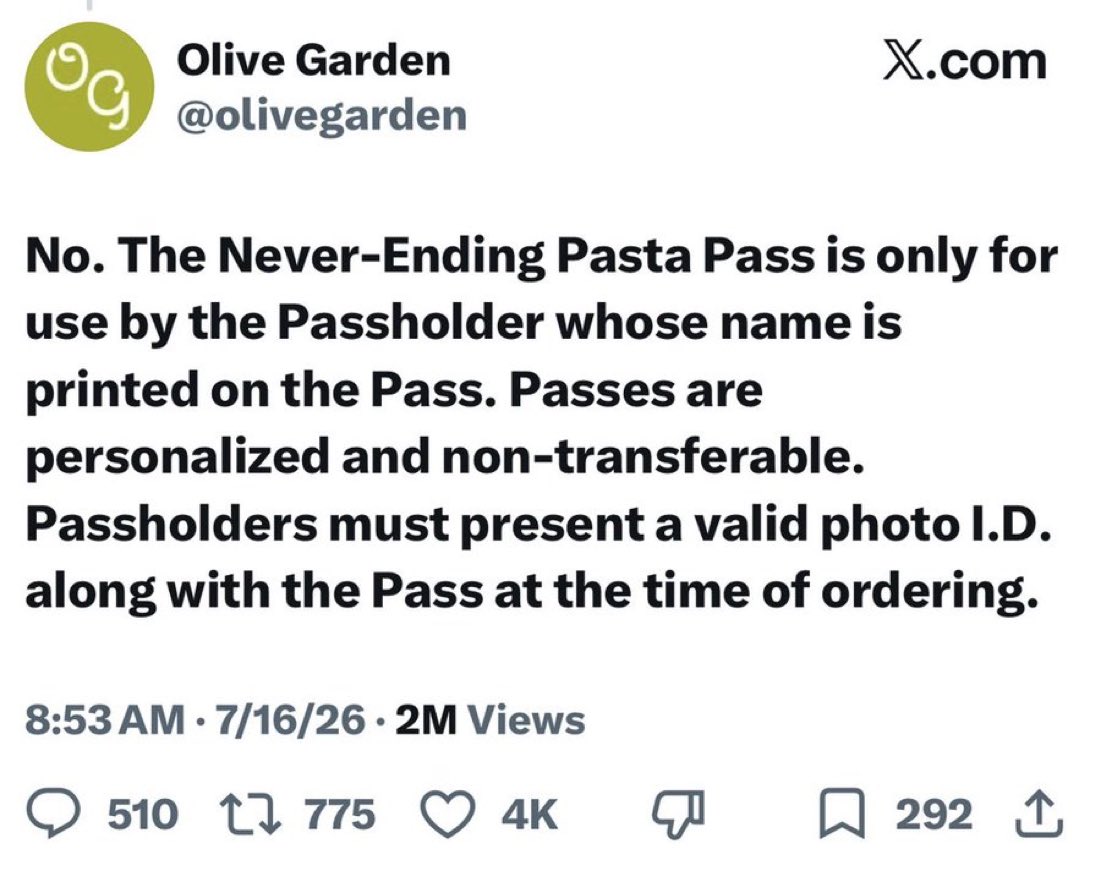 illmannered's tweet photo. @olivegarden institutes Voter IDs because liberals are out there cheating the system! 🤣😂🤣😂🤣😂🤣😂🤣😂♥️🤣😂♥️🤣 https://t.co/gn06MQZcAL