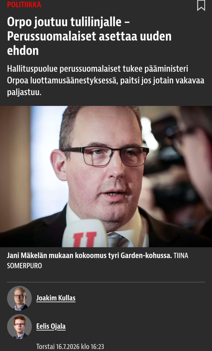 miksu900's tweet photo. Garden- hanke on Petteri Orpon ja Kokoomuksen ongelma. Nyt olisi viisautta Perussuomalaisilta äänestää luottamusta vastaan vaikka hallitus hajoaisikin. 

Jos PS äänestää luottamuksen puolesta, niin se voi näkyä ensi vaaleissa kannatuksessa. https://t.co/sXjNM6iAlC