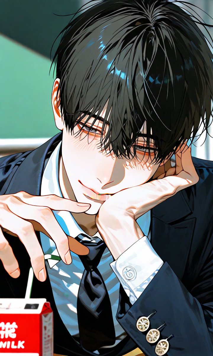 nantlascore's tweet photo. [너냐 8반 예쁜이가?]
확률 극악 /  수정, 에셋 사용OK

[age 수정하세요] handsome teenage boy, 
Korean high school student, black school blazer, white dress shirt, loosened black necktie, 
[외형] 
looking at viewer, seated in classroom, leaning slightly forward, three-quarter view, close-up portrait, upper body, one hand holding a small Korean paper milk carton near his mouth, bent straw between lips, sipping through straw, fingers wrapped around the carton, carton fully visible, face not covered, green chalkboard background, classroom interior, soft daylight, window light, shallow depth of field, soft background blur, school bad boy vibe, casual confidence, small smile, lips gently closed around straw, subtle mischievous look, neat hand pose, natural hand anatomy, soft classroom sunlight, bright clean color balance
