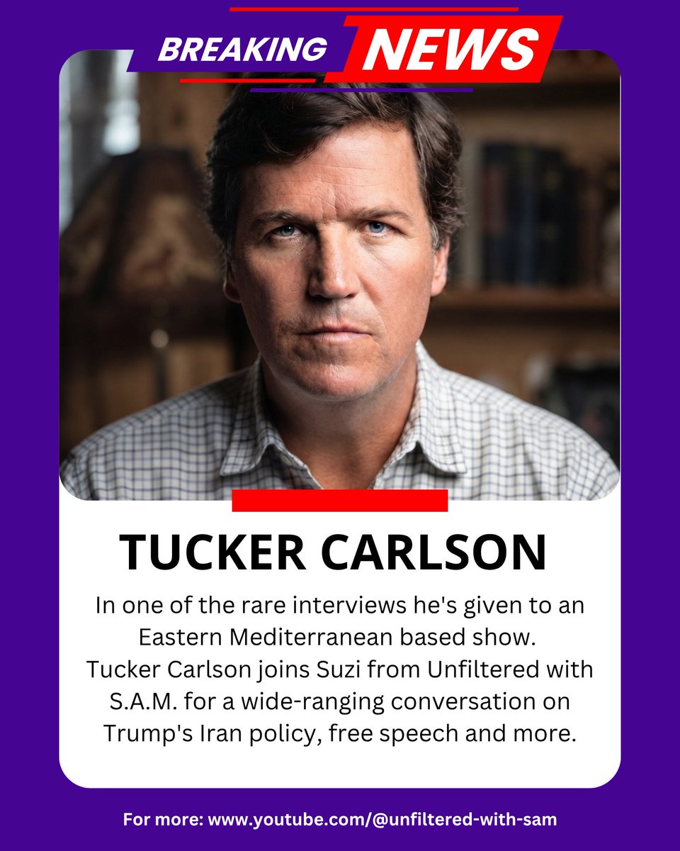 unfiltered__sam's tweet photo. In one of the rare interviews he's given to an Eastern Mediterranean-based show, Tucker Carlson joins Suzi from Unfiltered with S.A.M. for a wide-ranging conversation.

Full interview: https://t.co/ribWmaErQv

#TuckerCarlson #Geopolitics #MiddleEast #FreeSpeech #UnfilteredWithSam https://t.co/8XwM0q02P5