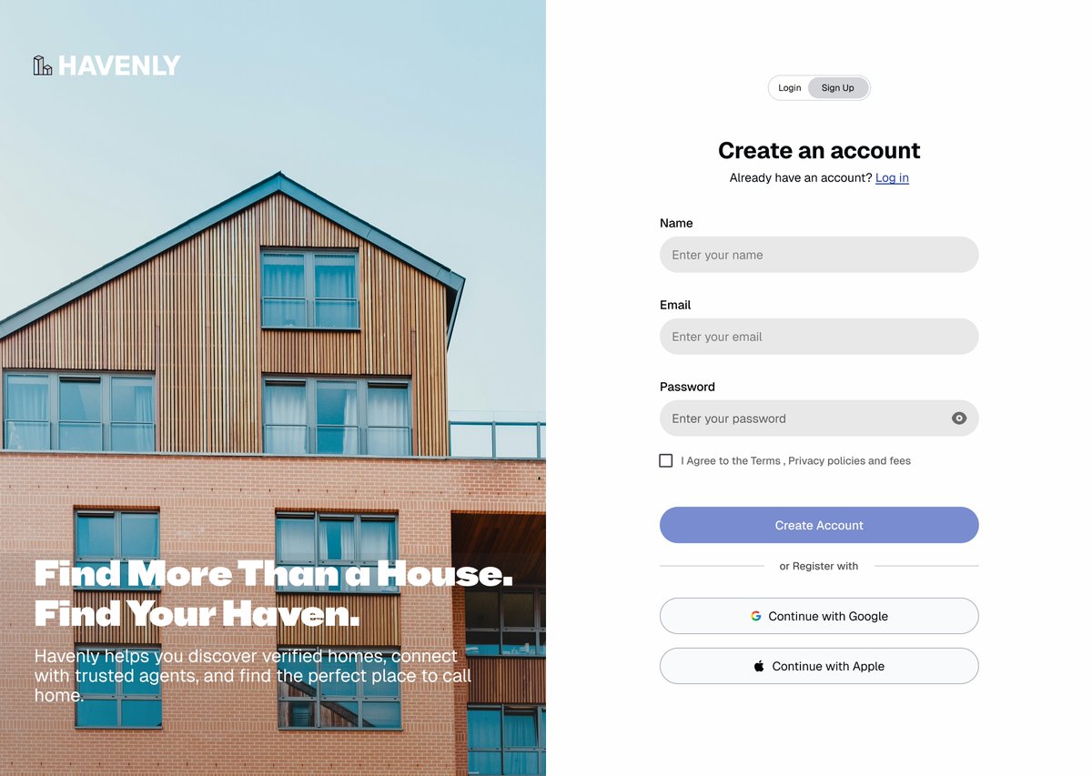 ArchitectInTech's tweet photo. While designing an auth page for a Real estate platform, I focused on reducing friction through clear hierarchy, concise copy, and a familiar layout.

Good UX starts long before users reach the home page.

#UIUX #UXDesign #ProductDesign https://t.co/QrnBfzsLFQ