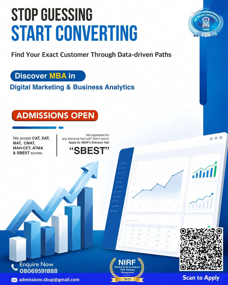 BIMHRD_SBS's tweet photo. The MBA in Digital Marketing &amp; Business Analytics at SBUP is all about moving away from guesswork. By using smart data, you will learn to find your exact customers and convert them into sales, helping businesses grow fast and predictably.

#MBAIndia #DigitalMarketing #SBUP https://t.co/r4B6KOHs5d
