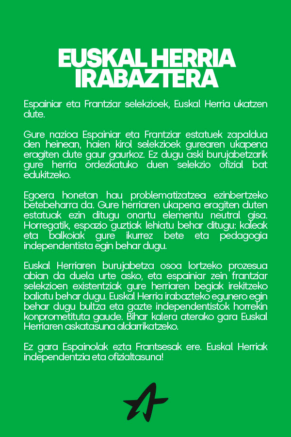 ErnaiNafarroa's tweet photo. Espainiar zein Frantziar estatuek jokatzen dutenean, Euskal Herriaren ukapenean sakontzen da. 

Gazte independentistok herri honen askatasunarekin konprometituta gaude. Bihar Iruñeko kalean gure koloreekin beteko ditugu. 

Euskal Herria irabaztera goaz! https://t.co/8uTNBUFVd1