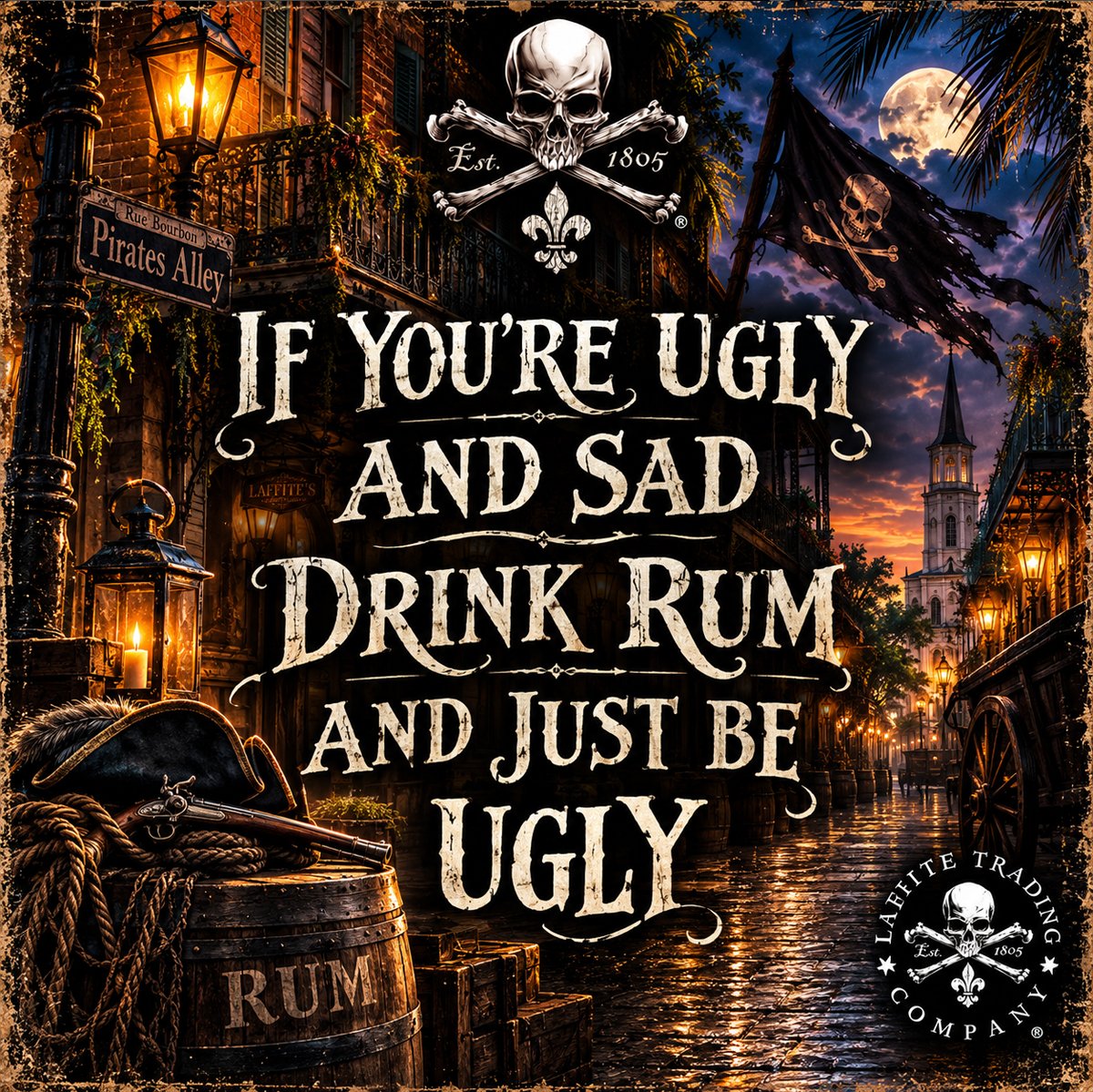LafitteTrading's tweet photo. PIRATE UP! Stop wasting money on self-help books. Rum is cheaper. ~Jean Lafitte #jeanlafitte #pirateking #lafittetradingcompany #piratekingcoffee #frenchquarter https://t.co/HQqPoS5u1T