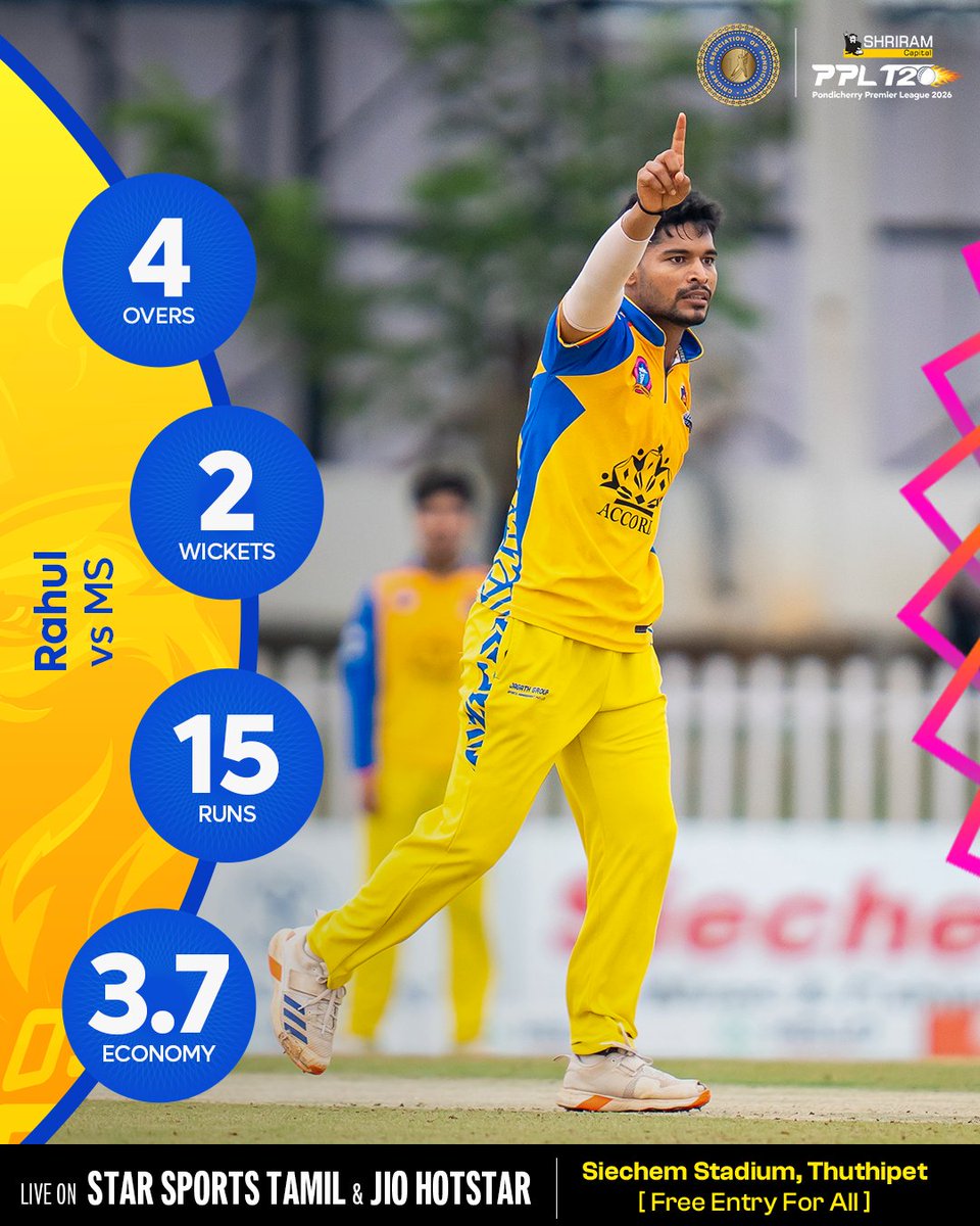 PPLT20_Cricket's tweet photo. The Warriors never stopped fighting with the ball. 🙌

🗓️ July 7 – 26, 2026
📍 Siechem Stadium, Thuthipet (Free Entry)
📺 Live on Star Sports 1 Tamil
📱 Streaming on Jio Hotstar

#PPL #PPL2026 #PondicherryPremierLeague #PondicherryCricket https://t.co/kFHb1pCauV